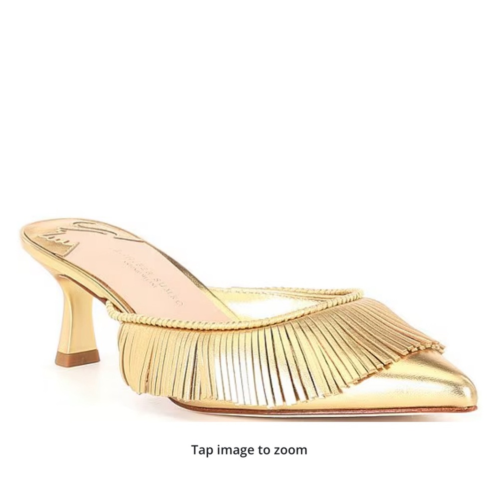 Antonio Melani + Jennifer Sumko Gold Fringe Mules kitten heel